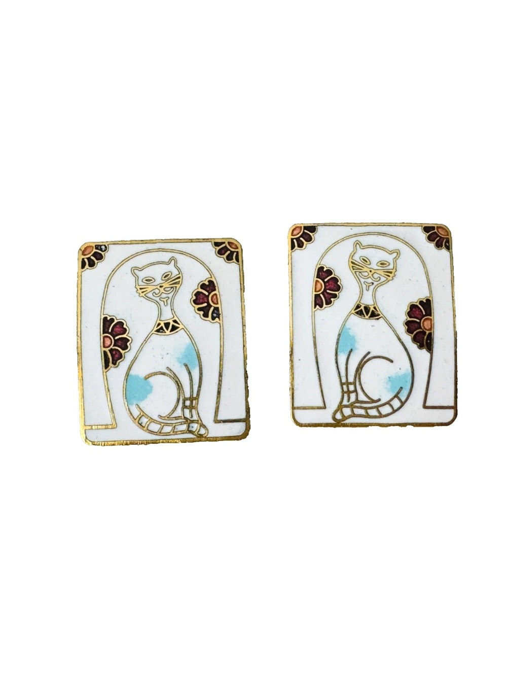 Vintage 1980's 1990's WHITE CAT FLOWERS Enamel Gold Tone Pierced Earrings